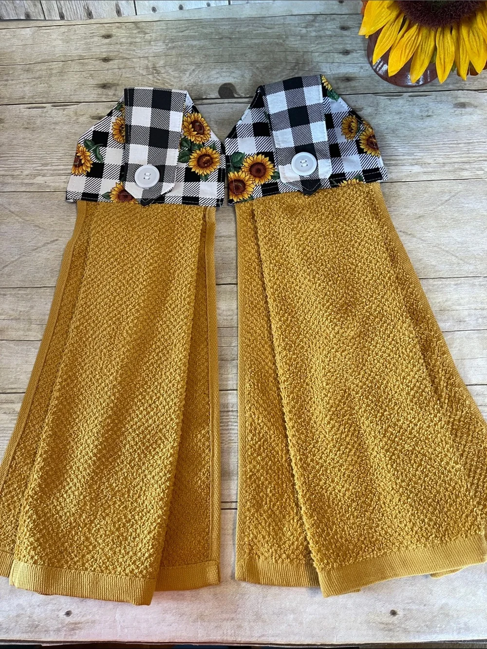Sunflower Buffalo Check Button-Top Sewn Kitchen Hanging Towels Set of Two